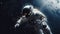 Astronaut in spacesuit exploring dark outer space