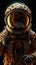 Astronaut in spacesuit and helmet on a dark background.