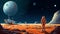 Astronaut in spacesuit stands on rocky alien landscape against spacecraft under large moon planet