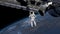 Astronaut Spacewalk, waving his hand in the open space. International Space Station ISS revolving over earths atmosphere. Elements