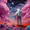 an astronaut standing in a cotton candy at the candy land full with color AI generative