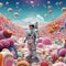 an astronaut standing in a cotton candy at the candy land full with color AI generative