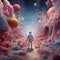 an astronaut standing in a cotton candy at the candy land full with color AI generative