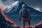 Astronaut standing on forsaken world with volcanic terrain