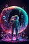 Astronaut standing in a vibrant bubble alien planet