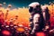 astronaut stands in the middle of a flowering field on an unknown planet. Generative AI