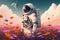 astronaut stands in the middle of a flowering field on an unknown planet. Generative AI