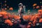 astronaut stands in the middle of a flowering field on an unknown planet. Generative AI