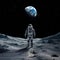 An astronaut stands on the moon\\\'s surface, looking at Earth above in the black, starry sky. Generative AI
