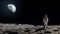 Astronaut stands on the Moon surface looking to the Earth on the background, Exploring space and other planets