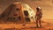 Astronaut stands near spacecraft or living module covered sandy on surface of Mars, scene of Martian life with spaceman. Concept