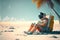 Astronaut sunbathing at the beach. Creative photorealistic illustration. Generative AI