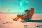 Astronaut sunbathing at the beach. Creative photorealistic illustration. Generative AI