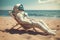 Astronaut sunbathing hot beach. Generate Ai