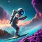 Astronaut surfing in blue-purple nebula space , 3d render.