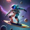 Astronaut surfing in blue-purple nebula space , 3d render.