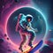 Astronaut surfing in blue-purple nebula space , 3d render.