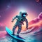 Astronaut surfing in blue-purple nebula space , 3d render.