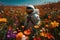 astronaut, surrounded by the beauty of a colorful flower field, looks back at camera