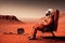 An astronaut, surrounded by the desolate Martian landscape, sits contemplatively in a chair