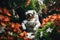 astronaut, surrounded by lush and tropical flowers, during space walk