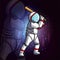 The astronaut swing the baseball bat