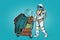 Astronaut traveler with baggage cart