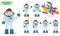 Astronaut vector character set. Astronaut kids talking and riding rocket with hand gestures and poses