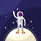 Astronaut vector illustration. Cosmonaut and people in outer space waving standing on planet or moon. Flight and space exploration