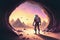 Astronaut walking on luminous path on barren planet in sci-fi scene. illustration painting