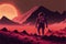 Astronaut walking on luminous path on barren planet in sci-fi scene. illustration painting