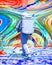 Astronaut is walking in a psychedelic background rear view