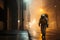 Astronaut walking on the street in a foggy night.