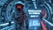 Astronaut walks down hallway with Welcome sign on Mars, spaceman goes in blue futuristic corridor at Martian spaceport. Concept of