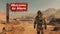 Astronaut walks down road to Mars colony, scenery of mountain and Welcome sign, spaceman goes overlooking Martian landscape.