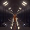 Astronaut walks in a futuristic dark tunnel