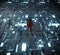 Astronaut walks on futuristic floor with circuits