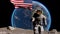 Astronaut walks on the lunar surface with American flag, sticks it into the lunar surface, and salutes. Some Elements of