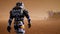 Astronaut walks on the surface of Mars to the Rover, through a dust storm. Panoramic landscape on the surface of Mars