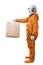 Astronaut wearing orange space suit and space helmet holding in hand brown clear empty blank craft paper bag for