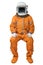 Astronaut wearing an orange spacesuit and open space helmet sitting isolated on white background