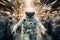 Astronaut wearing space suit at crowded street in rush hour. Generative AI