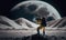 A astronaut who is also a photographer captures a lunar landscape in a photo. AI