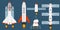 Astronautics and space technology set. Rocket Set. A collection of different rockets. Cartoon rocket, shuttle, spaceship, launch v