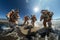 Astronauts arrive at a beach site and dance happily