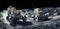 Astronauts driving buggies in a daring race across the moon\\\'s barren landscape