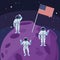 Astronauts group with american flag in moon space exploration