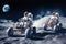 Astronauts on lunar vehicles racing across the moon\\\'s surface. Moon exploration concept. Generative AI