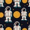Astronauts, moon and stars, seamless pattern