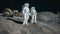 Astronauts near their lunar rover admire the lunar base of their lunar colony. View of the lunar surface and space base